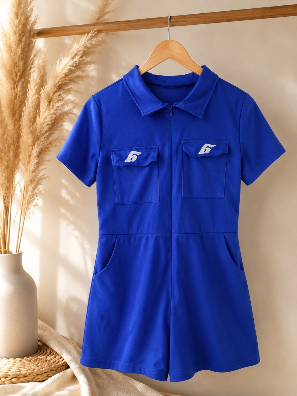 Blue Short-Sleeve Romper Dress - Casual Collared Playsuit